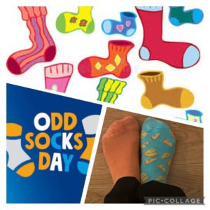 photo montage of odd socks day logo and photo of someone wearing odd socks