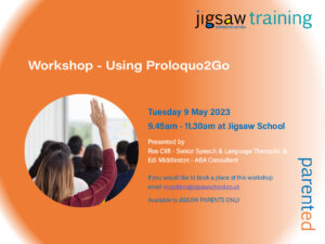 parent education workshop flyer for using Proloquo2Go software